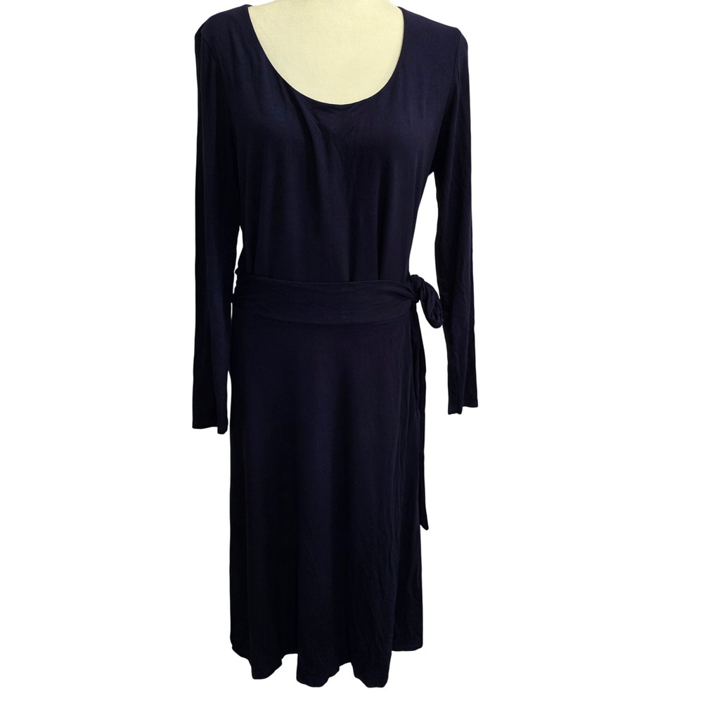 Boden Navy Blue Long Sleeve Scoop Neck Tie Waist Midi Jersey Dress US 14L Long